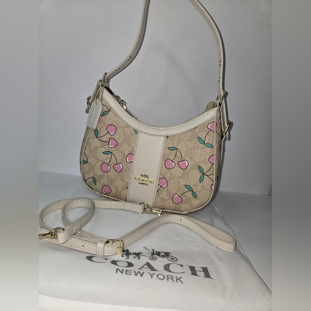 Coach Beige Cherry Shoulder Bag with Pink and Green Accents